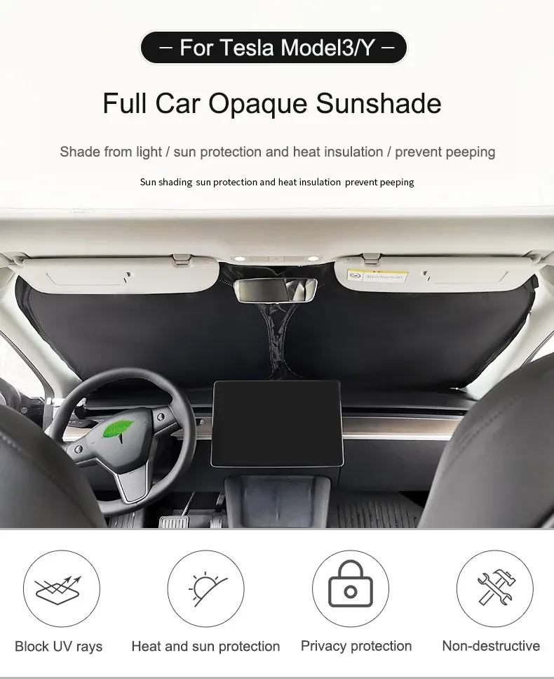 Pare-soleil opaque installé sur le pare-brise d'une Tesla