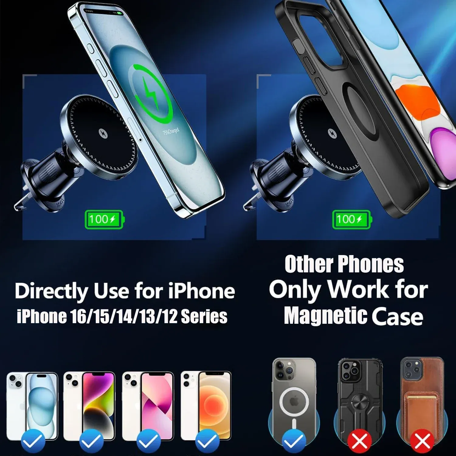 Chargeur magnétique sans fil pour voiture avec support de téléphone pour iPhone 16, 15, 14, 13, 12 Pro Max et Plus, 15 W 4