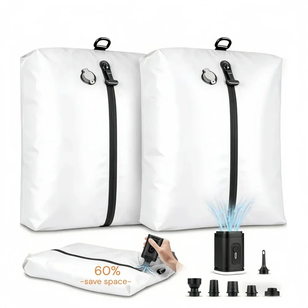 Sacs de rangement sous vide de voyage avec pompe à air, sacs de compression réutilisables pour bagages, gain d'espace de 60 % (blanc) 1