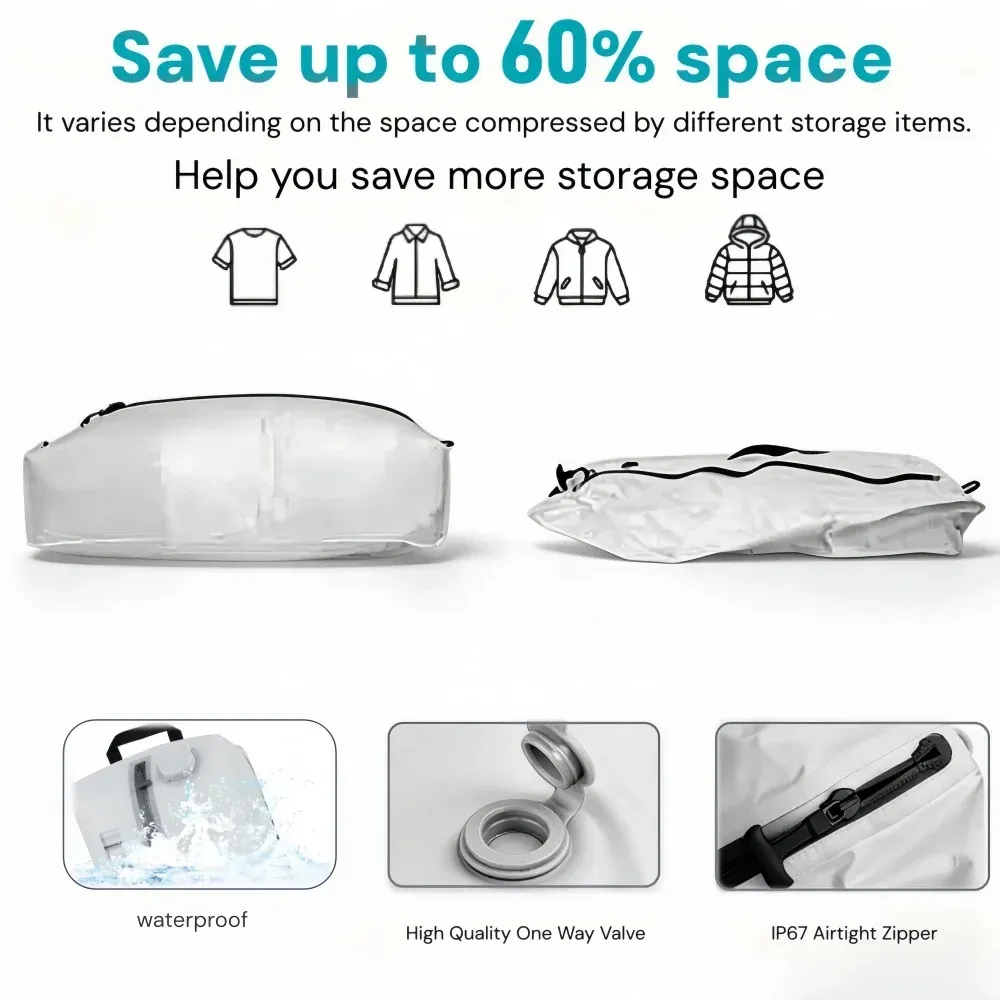 Sacs de rangement sous vide de voyage avec pompe à air, sacs de compression réutilisables pour bagages, gain d'espace de 60 % (blanc) 2