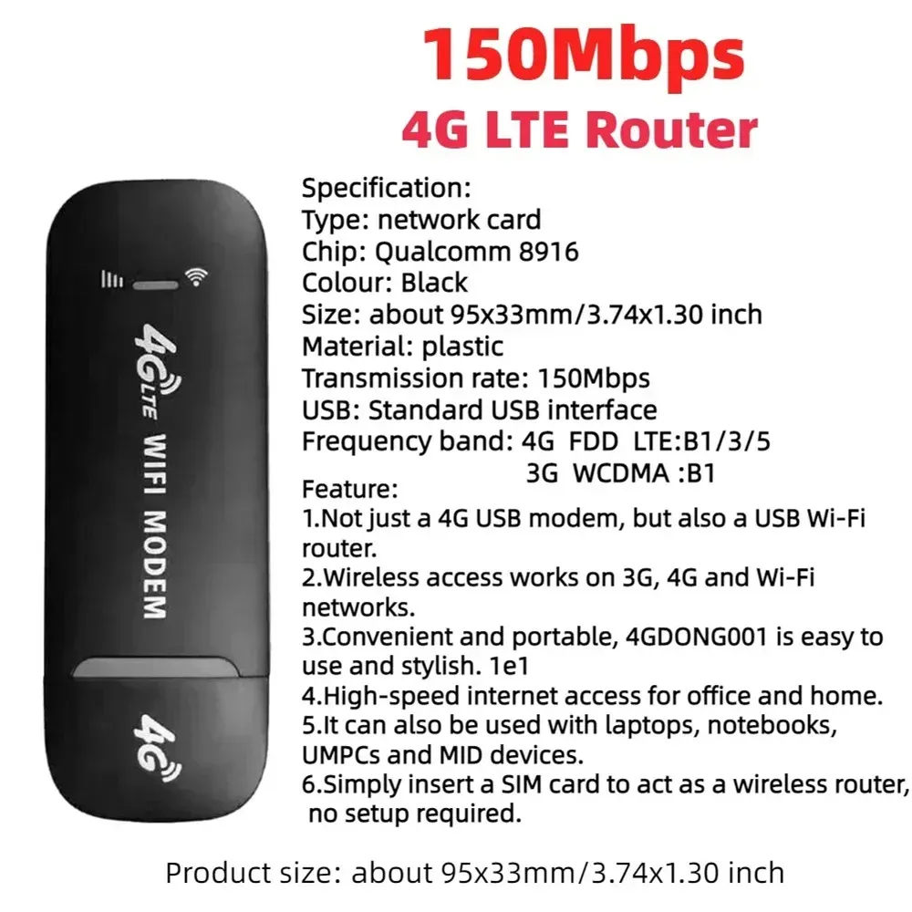 Routeur USB 4G LTE sans fil 150 Mbps, modem haut débit mobile avec carte SIM, point d'accès WiFi pour le bureau et la maison 6