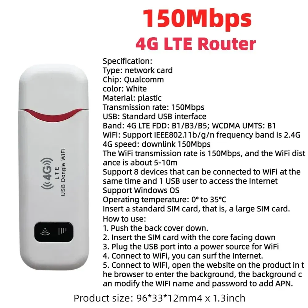 Routeur USB 4G LTE sans fil 150 Mbps, modem haut débit mobile avec carte SIM, point d'accès WiFi pour le bureau et la maison 8