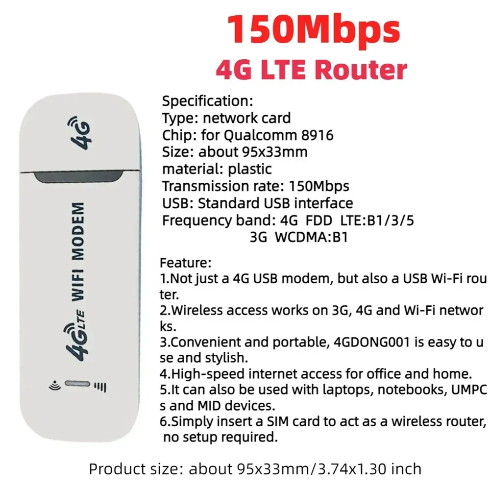 Routeur USB 4G LTE sans fil 150 Mbps, modem haut débit mobile avec carte SIM, point d'accès WiFi pour le bureau et la maison 9