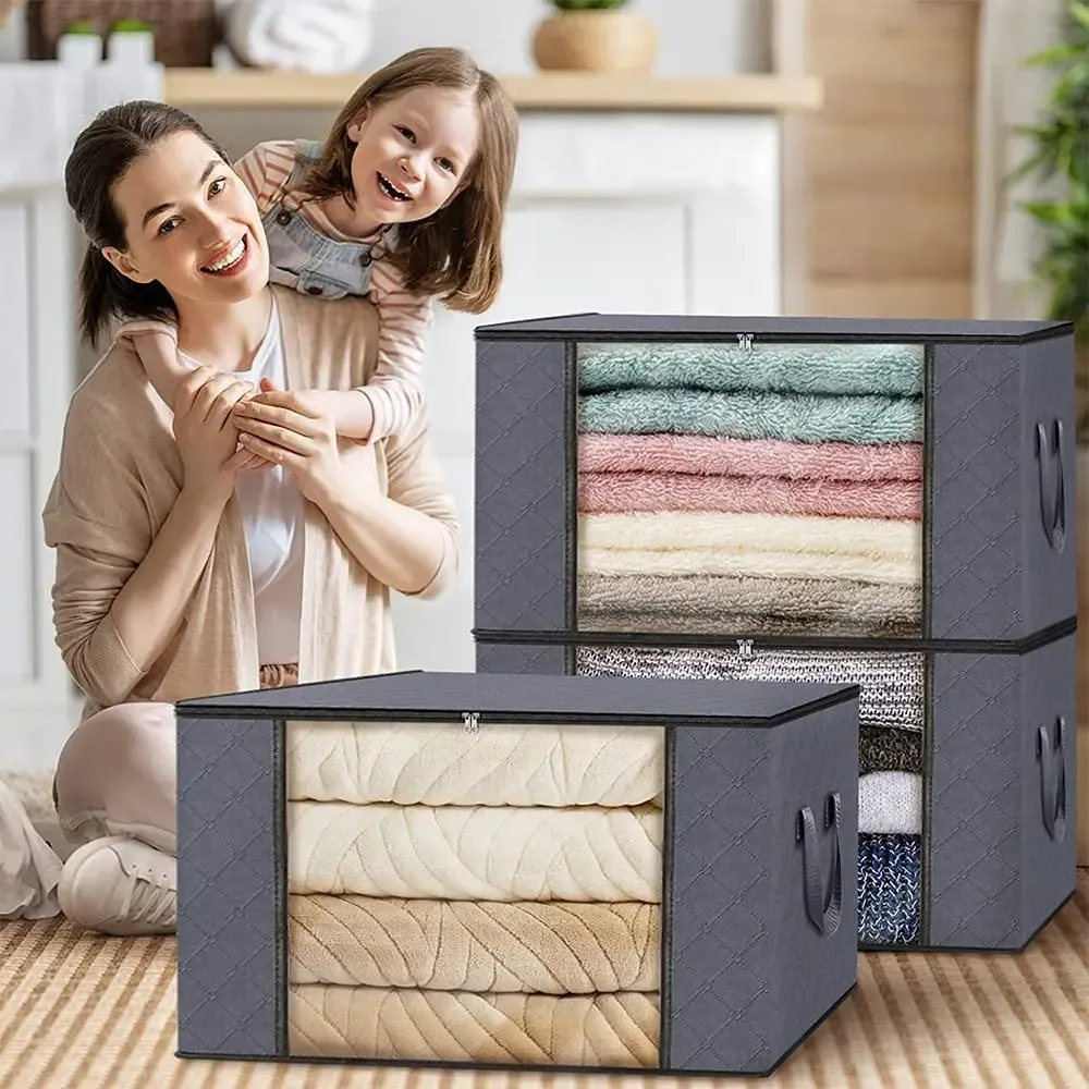 Boîte de rangement pliable en tissu non tissé 35L/60L/90L, anti-poussière, avec fenêtre transparente et couvercle, pour vêtements 3