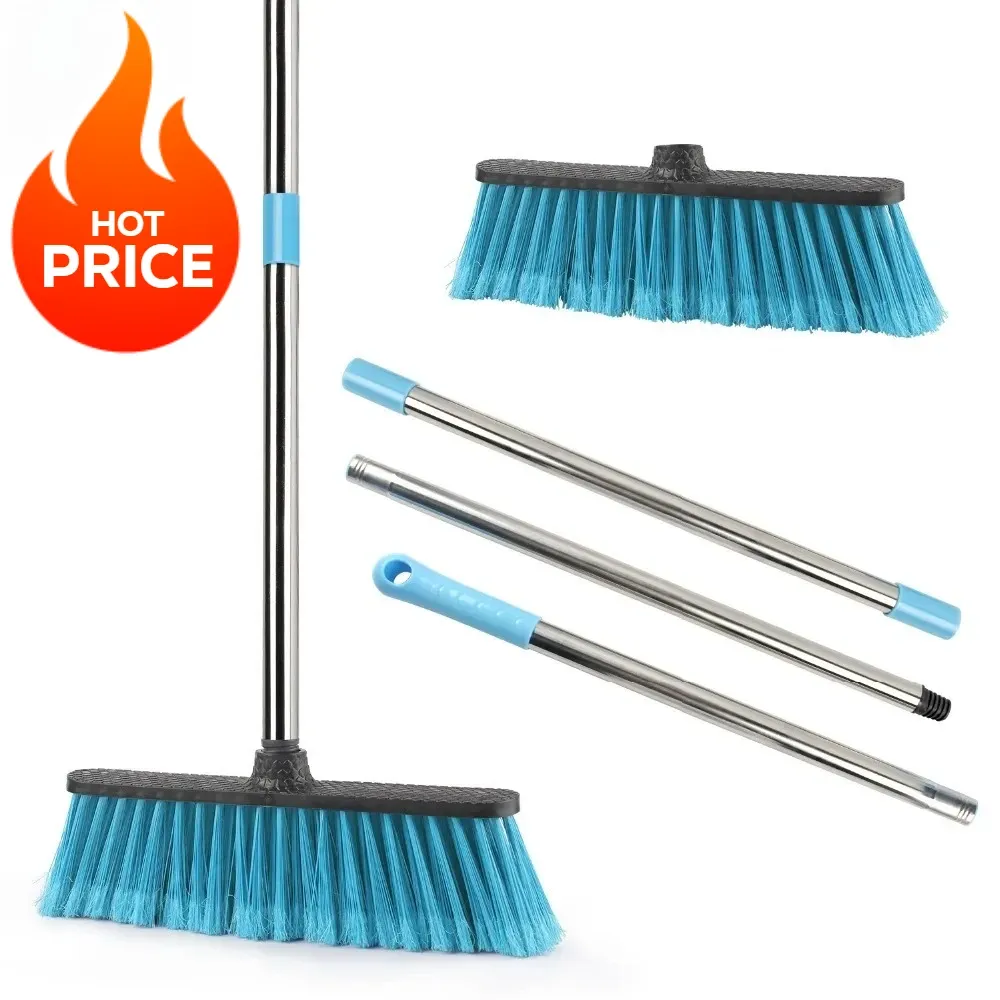 Balai de nettoyage de sol à manche télescopique et brosse à joints à poils rigides pour salle de bain, cuisine et extérieur - Image 1