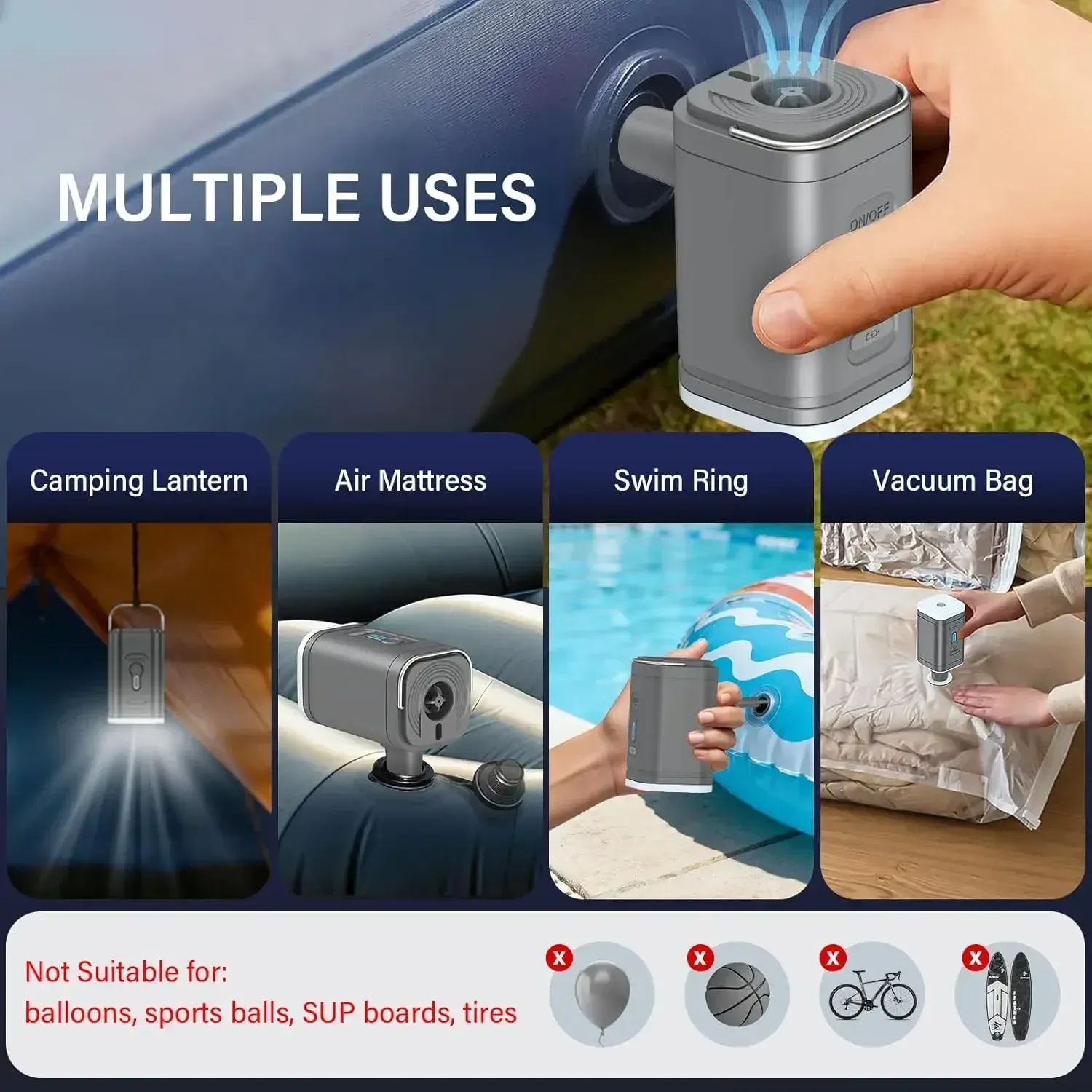 Mini pompe à air sans fil rechargeable USB 1200 mAh, gonfleur et dégonfleur pour matelas de camping, bouées de piscine et bateaux 2