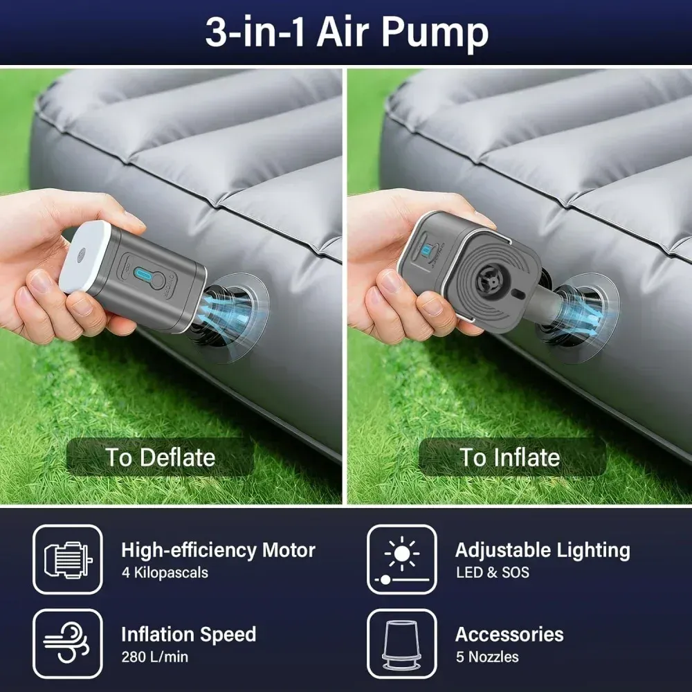 Mini pompe à air sans fil rechargeable USB 1200 mAh, gonfleur et dégonfleur pour matelas de camping, bouées de piscine et bateaux 3