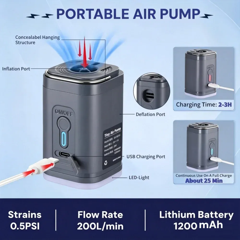 Mini pompe à air sans fil rechargeable USB 1200 mAh, gonfleur et dégonfleur pour matelas de camping, bouées de piscine et bateaux 5