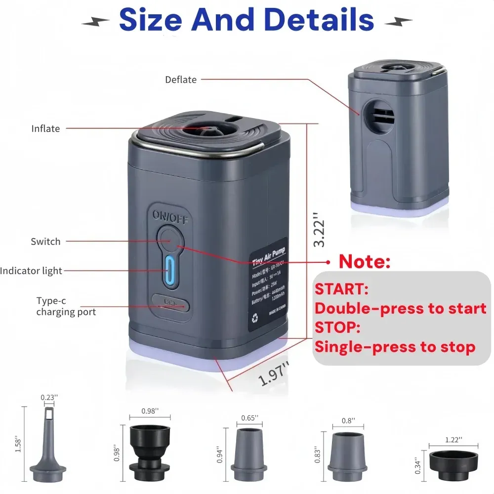 Mini pompe à air sans fil rechargeable USB 1200 mAh, gonfleur et dégonfleur pour matelas de camping, bouées de piscine et bateaux 6