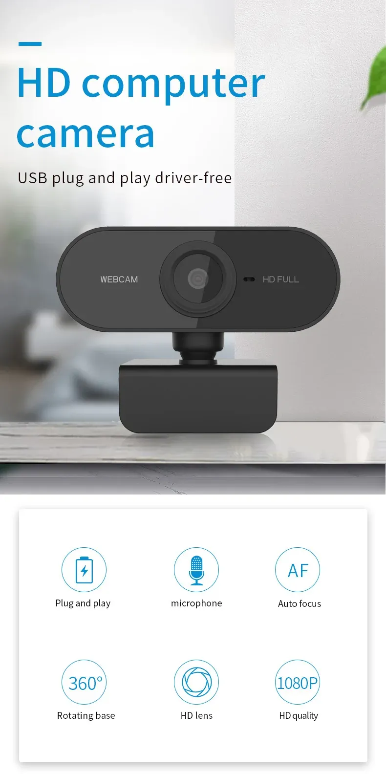 Webcam HD 1080p avec microphone intégré, vue d'ensemble