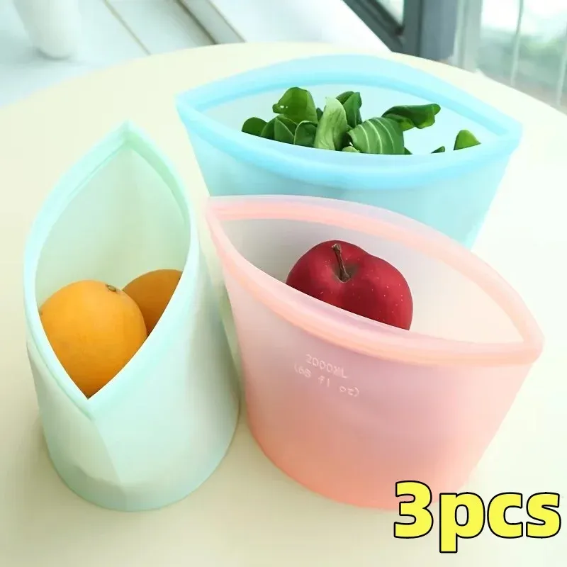 Sacs alimentaires réutilisables en silicone, ensemble de 3 pièces, fermeture zippée étanche pour réfrigérateur et congélateur - Image 1