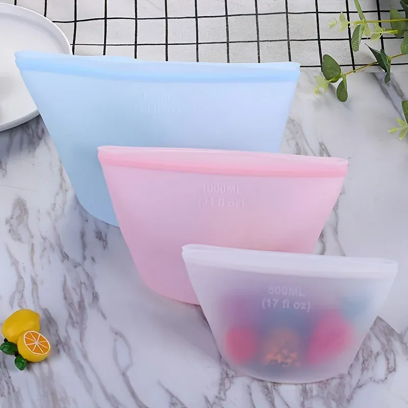 Sacs alimentaires réutilisables en silicone, ensemble de 3 pièces, fermeture zippée étanche pour réfrigérateur et congélateur 3
