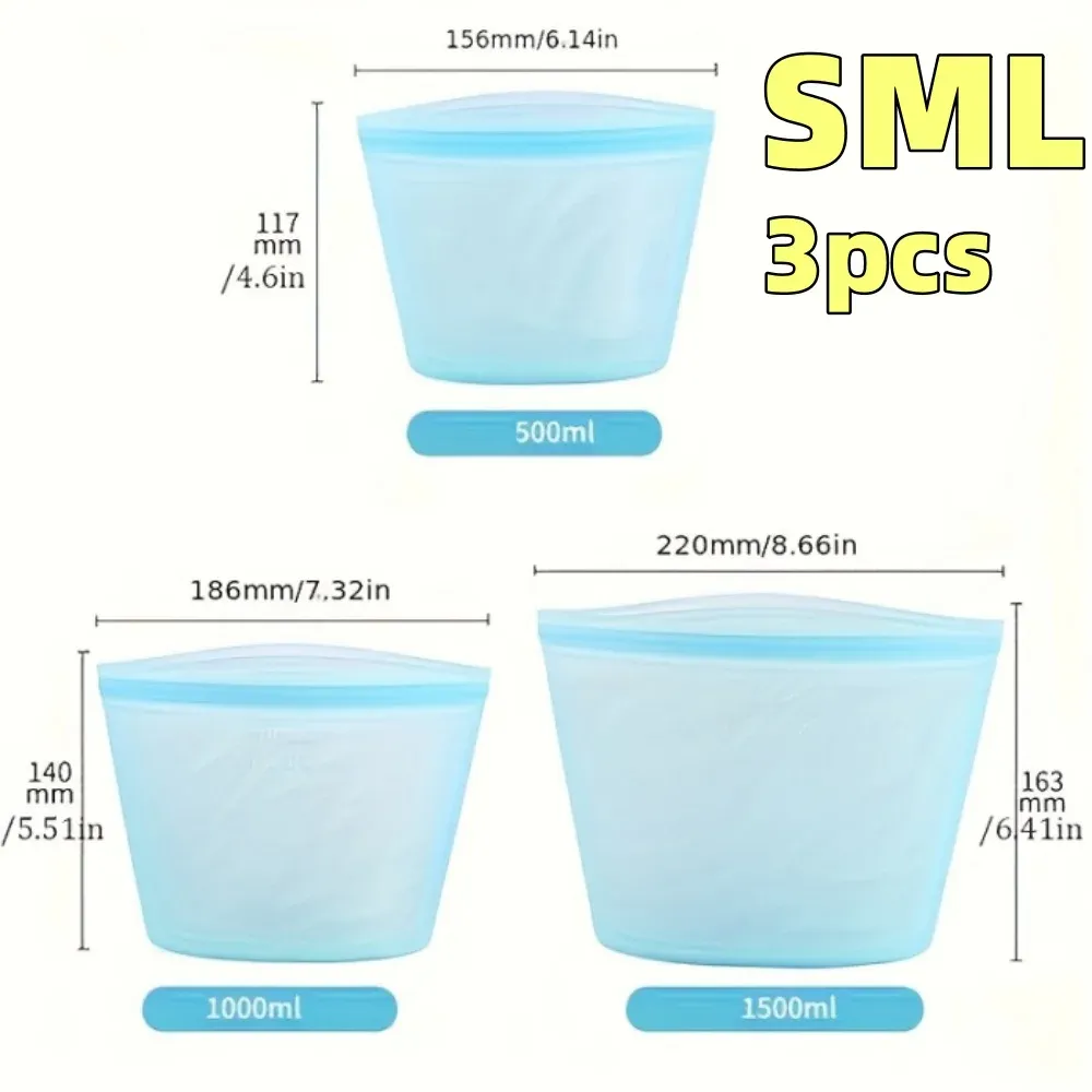 Sacs alimentaires réutilisables en silicone, ensemble de 3 pièces, fermeture zippée étanche pour réfrigérateur et congélateur 16