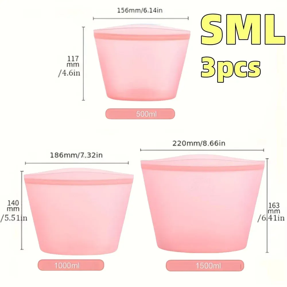 Sacs alimentaires réutilisables en silicone, ensemble de 3 pièces, fermeture zippée étanche pour réfrigérateur et congélateur 10