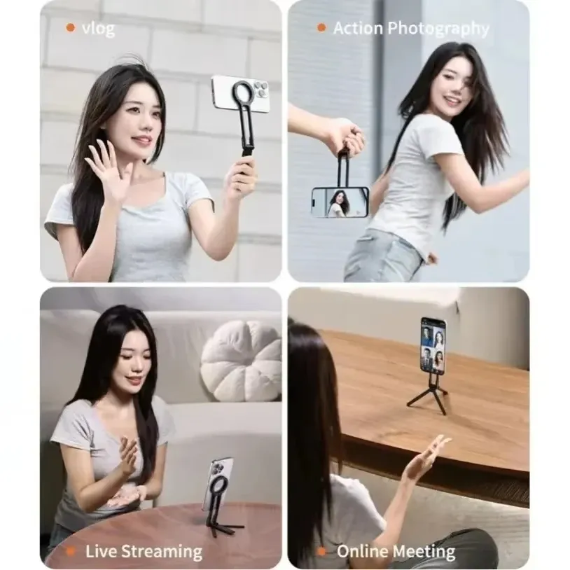 Trépied pliable pour téléphone avec mousqueton, support de bureau magnétique double face et poignée 5