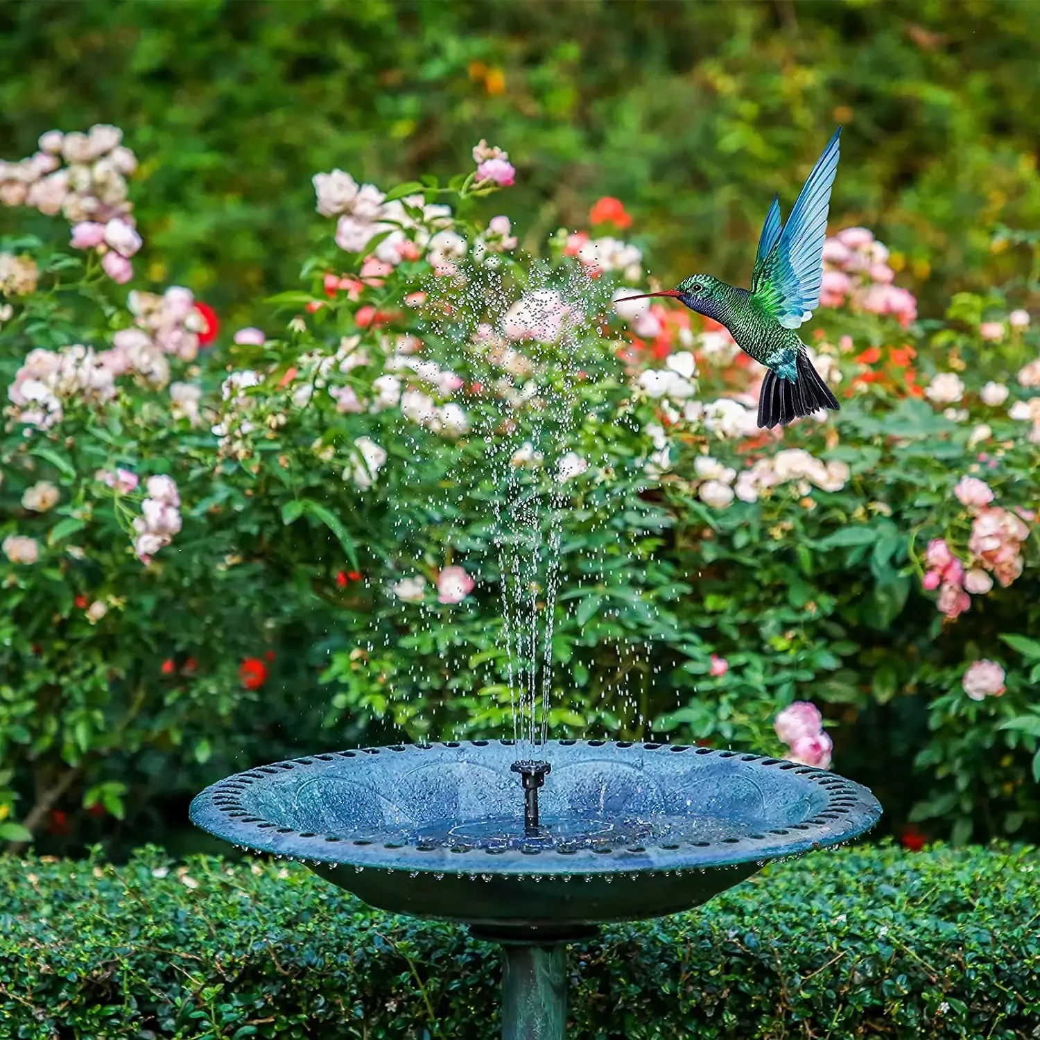 Fontaine solaire pour jardin, bassin, étang et piscine, avec pompe flottante et cascade décorative 3