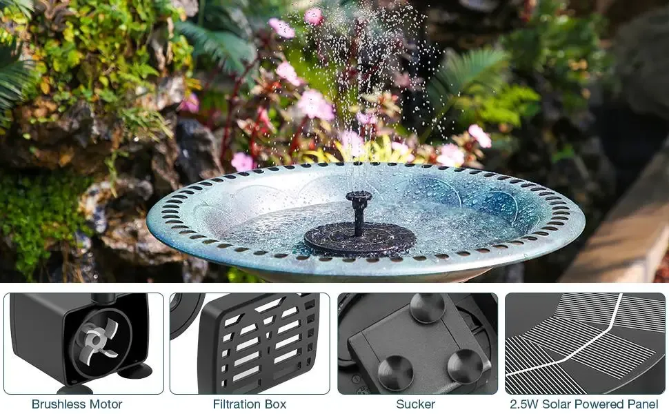 Fontaine solaire flottante diffusant de l'eau dans un jardin