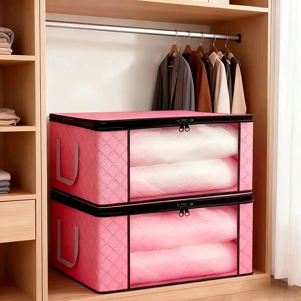 Lot de 6 grandes boîtes de rangement pliables avec fenêtres, fermeture éclair, couvercle et poignées renforcées 3