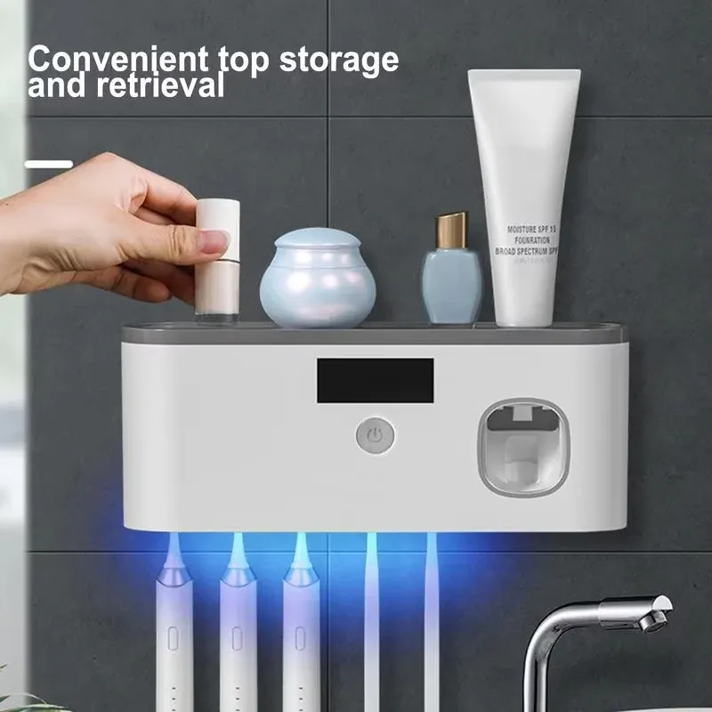 Porte-brosse à dents mural UV avec distributeur de dentifrice, rechargeable par USB, 5 emplacements