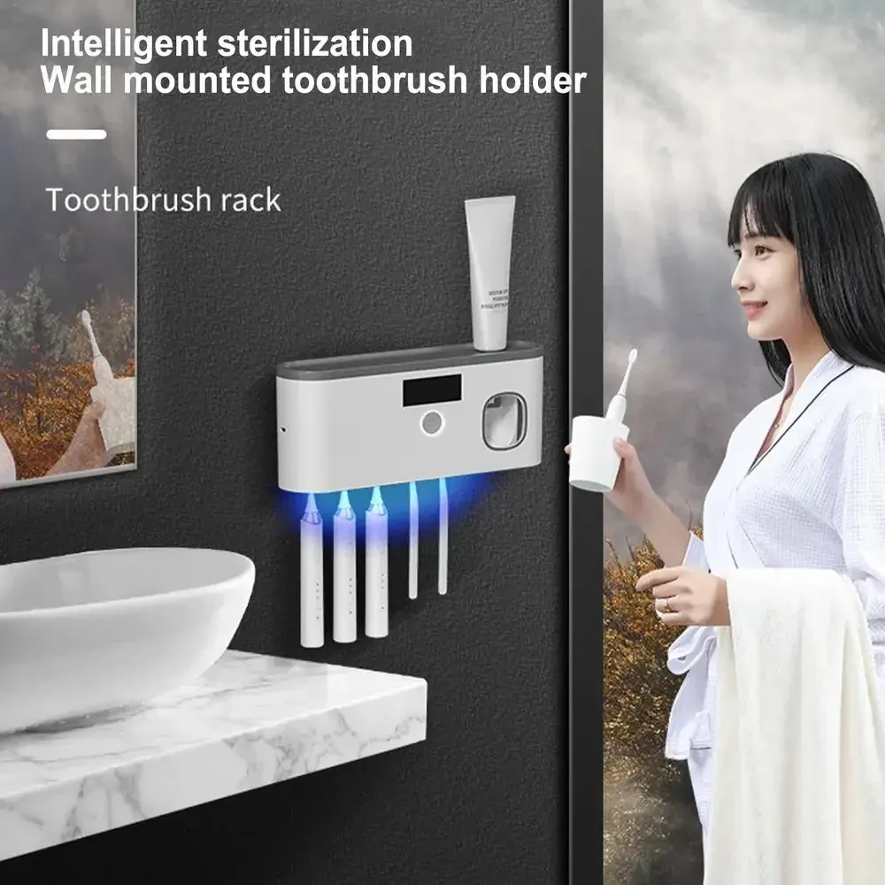 Porte-brosse à dents mural UV avec distributeur de dentifrice, rechargeable par USB, 5 emplacements 5