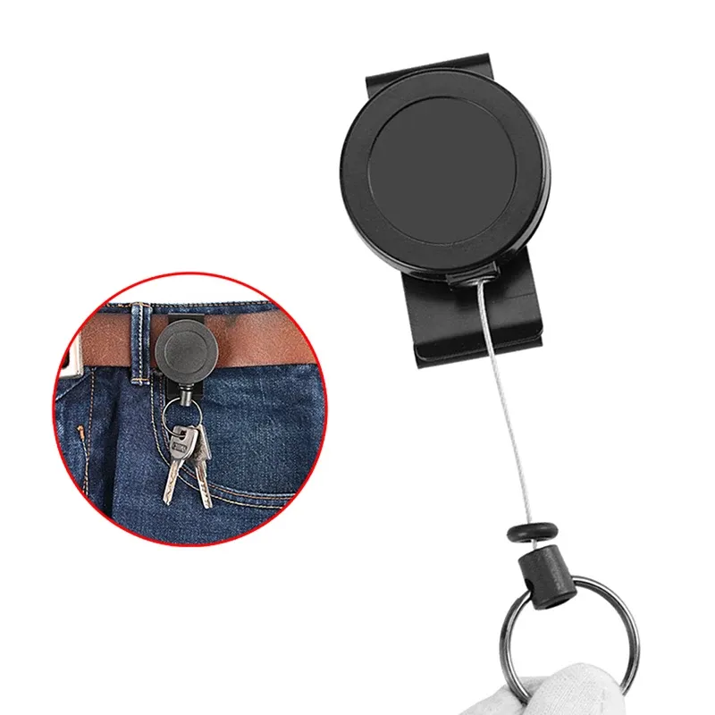 Porte-clés rétractable à bobine avec mousqueton multi-outils, lanière en fil d'acier et étiquette nominative - Image 1