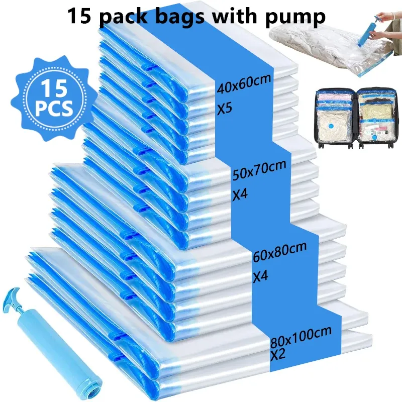 Sacs de rangement sous vide avec pompe à main, plusieurs tailles, pour vêtements, couvertures et bagages, lot de 5 à 15
