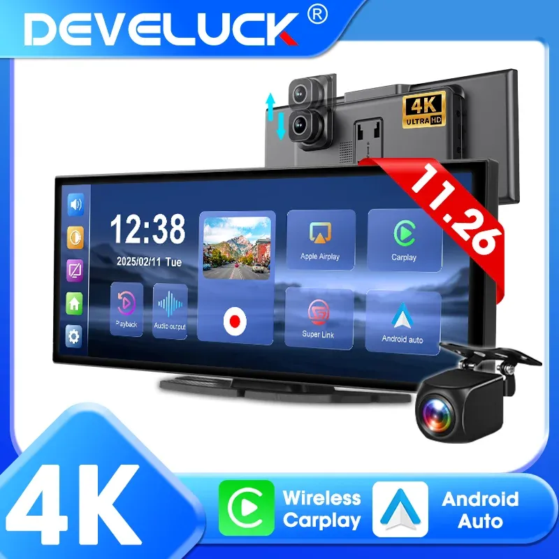 Develuck Dash Cam 4K portable avec écran 11,26 pouces, CarPlay et Android Auto sans fil, enregistreur vidéo DVR, navigation et Wi-Fi