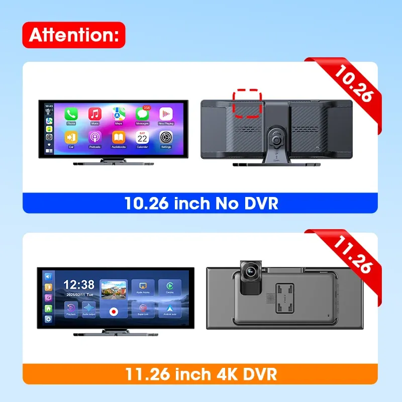 Develuck Dash Cam 4K portable avec écran 11,26 pouces, CarPlay et Android Auto sans fil, enregistreur vidéo DVR, navigation et Wi-Fi 2