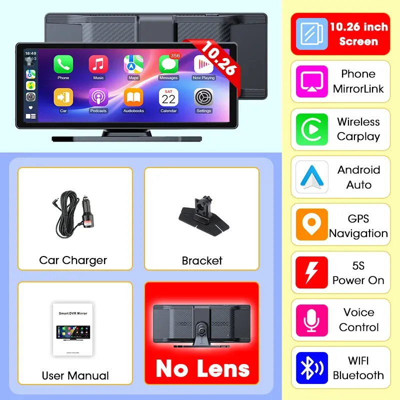 Develuck Dash Cam 4K portable avec écran 11,26 pouces, CarPlay et Android Auto sans fil, enregistreur vidéo DVR, navigation et Wi-Fi 7