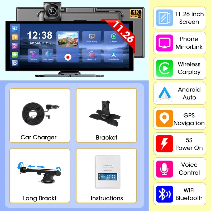 Develuck Dash Cam 4K portable avec écran 11,26 pouces, CarPlay et Android Auto sans fil, enregistreur vidéo DVR, navigation et Wi-Fi 10
