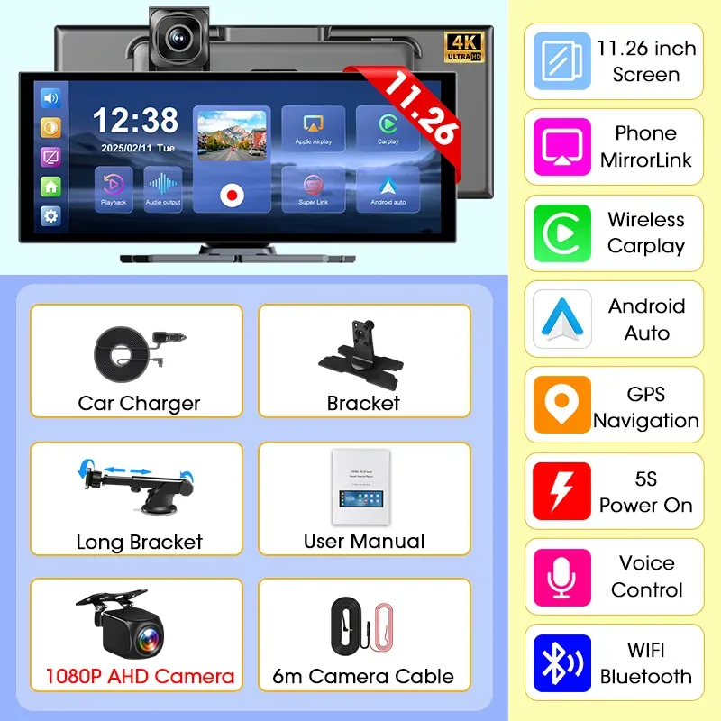 Develuck Dash Cam 4K portable avec écran 11,26 pouces, CarPlay et Android Auto sans fil, enregistreur vidéo DVR, navigation et Wi-Fi 9