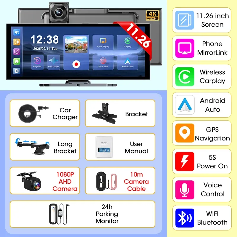 Develuck Dash Cam 4K portable avec écran 11,26 pouces, CarPlay et Android Auto sans fil, enregistreur vidéo DVR, navigation et Wi-Fi 11
