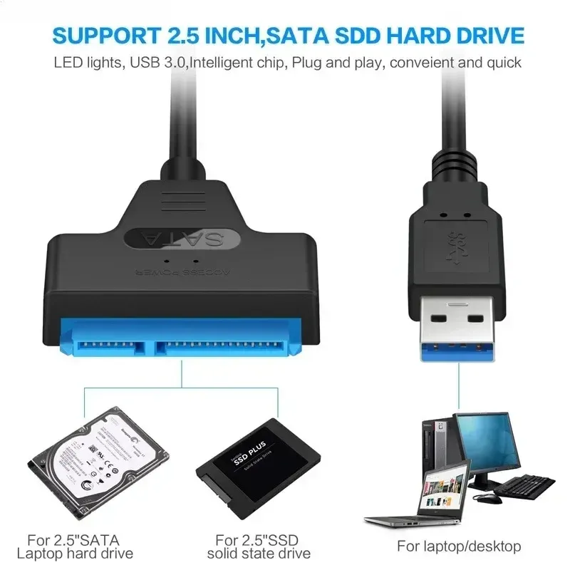 Câble adaptateur SATA vers USB 3.0/2.0 pour disque dur et SSD externe 2,5 pouces, jusqu'à 6 Gbps 2