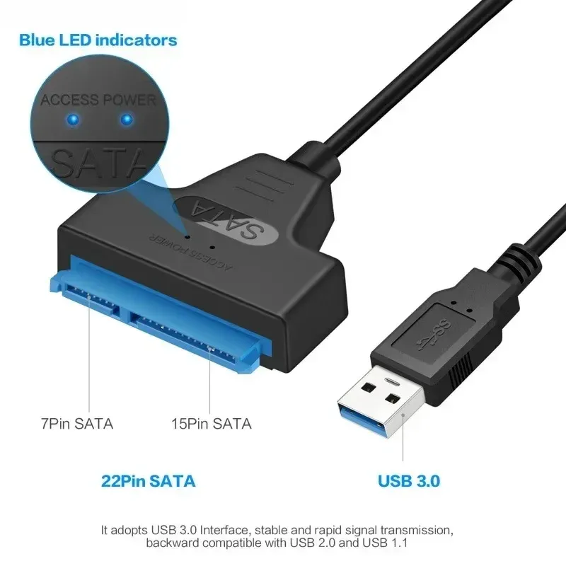 Câble adaptateur SATA vers USB 3.0/2.0 pour disque dur et SSD externe 2,5 pouces, jusqu'à 6 Gbps 6