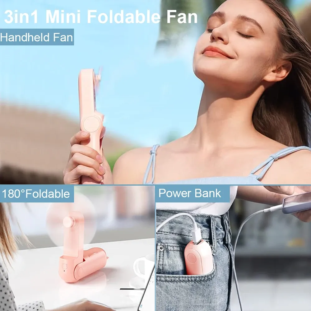 Mini ventilateur de poche portable, 2000 mAh, rechargeable par USB, pliable, pour l'extérieur 2