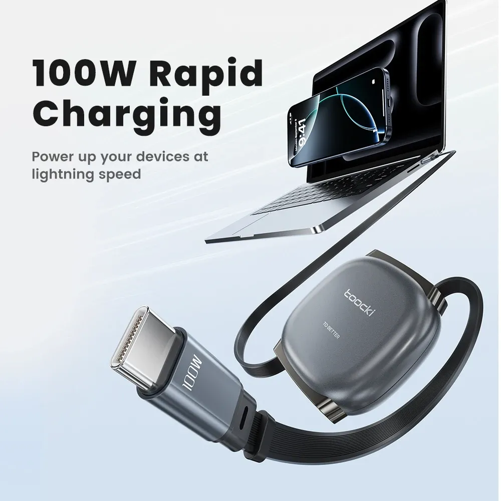 Câble rétractable USB-C vers USB-C 100 W, transfert de données 480 Mbps, charge rapide, format compact pour iPhone 16, iPhone 15 Pro Max et Samsung 2