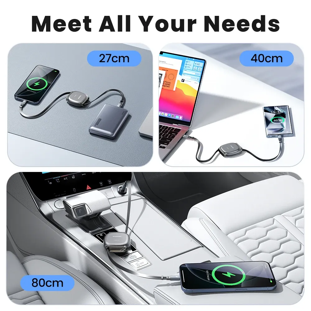 Câble rétractable USB-C vers USB-C 100 W, transfert de données 480 Mbps, charge rapide, format compact pour iPhone 16, iPhone 15 Pro Max et Samsung 5