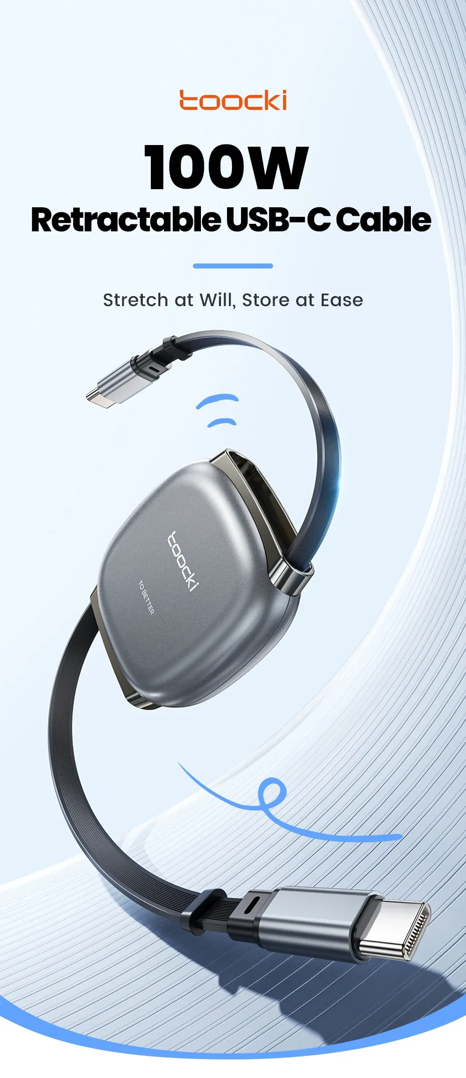 Câble USB-C rétractable Toocki, vue d'ensemble