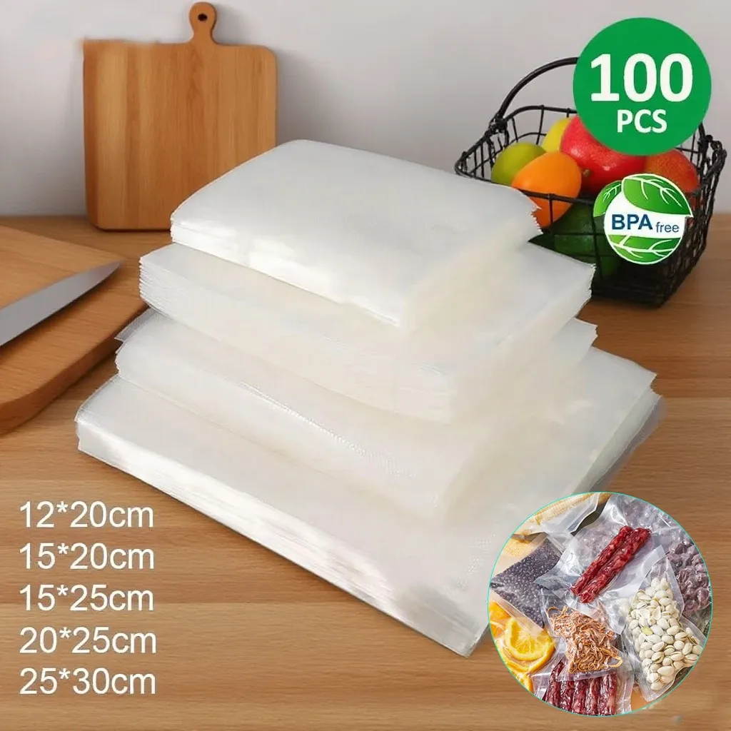 Sacs de mise sous vide pour aliments, 100 pièces, 5 tailles, sacs de rangement de cuisine pour conservation des aliments frais - Image 1