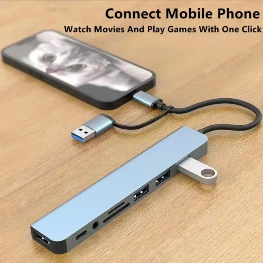 Hub USB-C 8 en 2 avec port USB 3.0, lecteur de carte SD/TF et prise audio 3,5 mm, compatible MacBook, PC, ordinateur portable et tablette 3