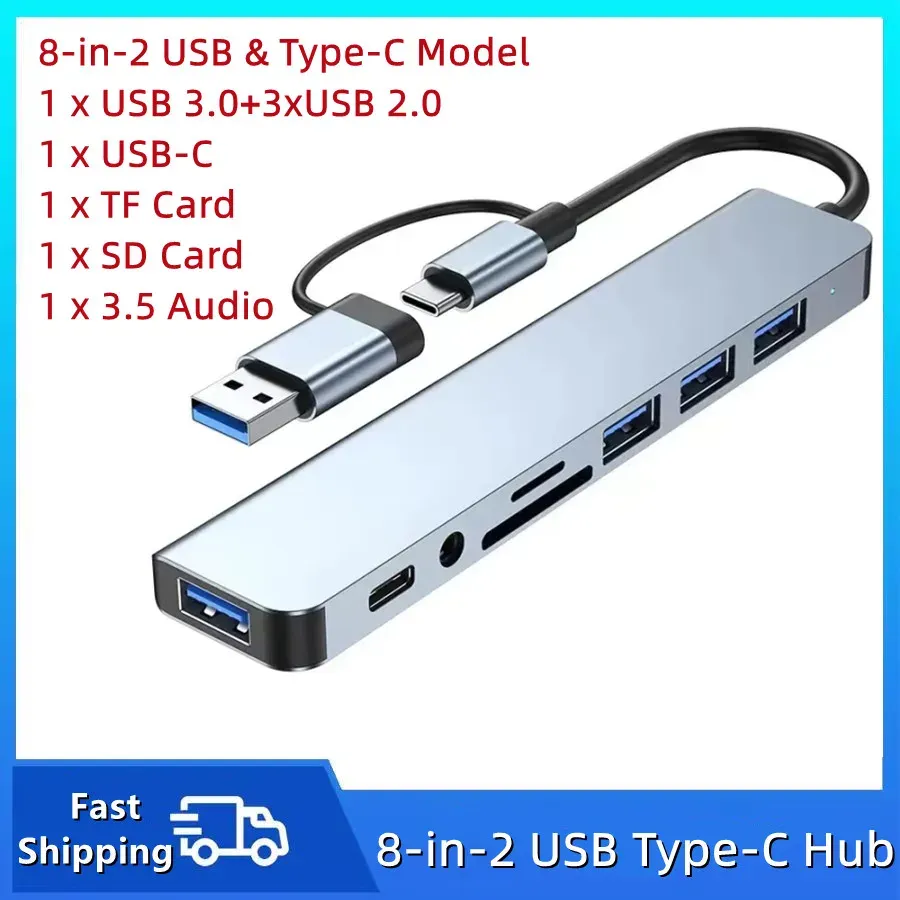 Hub USB-C 8 en 2 avec port USB 3.0, lecteur de carte SD/TF et prise audio 3,5 mm, compatible MacBook, PC, ordinateur portable et tablette 7