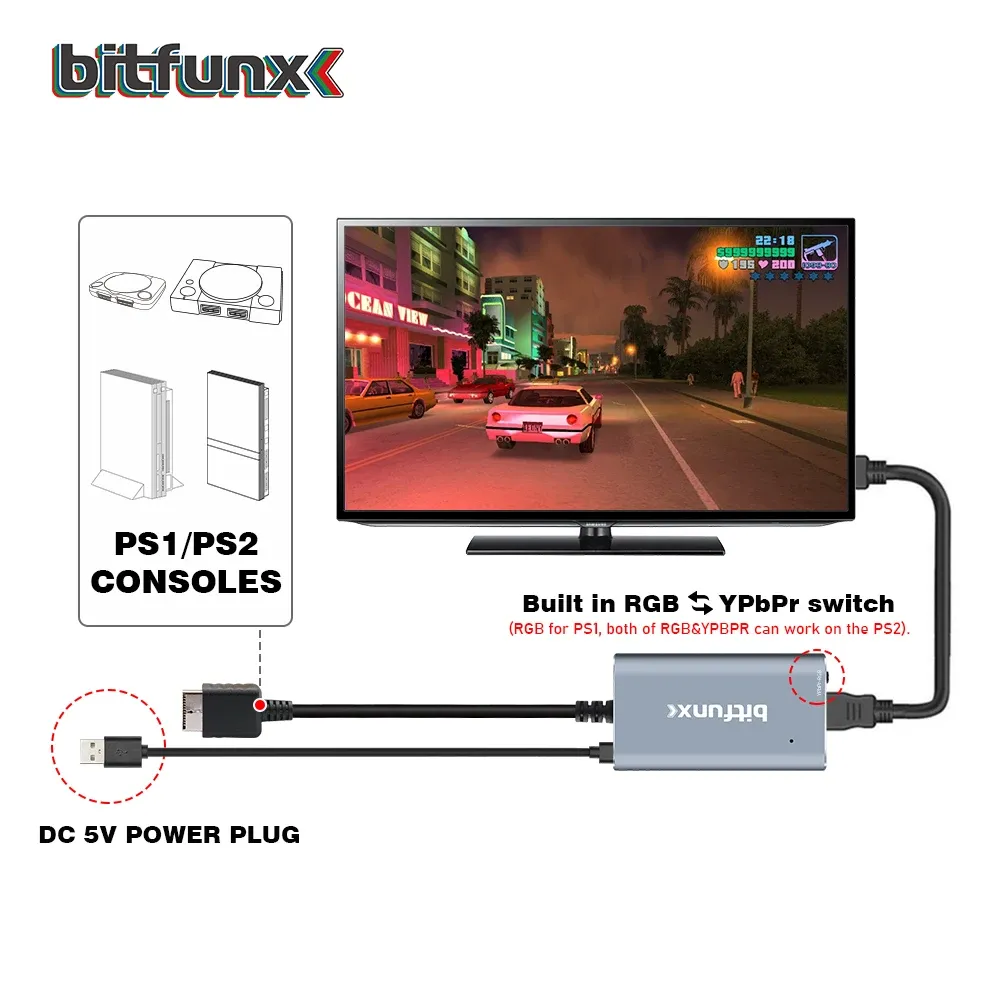 Bitfunx Convertisseur PS2 vers HDMI pour consoles PlayStation 1 et PlayStation 2, avec commutateur RGB vers YPbPr 3