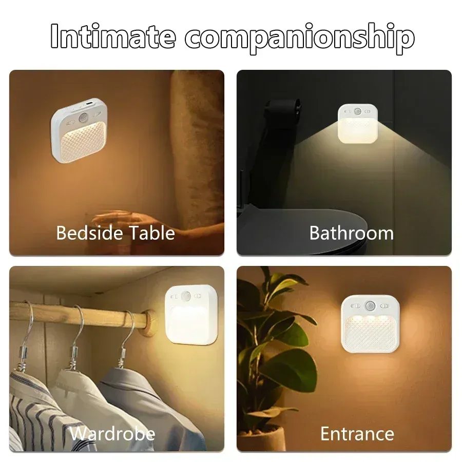 Lot de 1 à 4 veilleuses LED rechargeables avec détecteur de mouvement, fixation adhésive et aimantée, idéales pour chambre, cuisine, escalier, couloir et placard 6