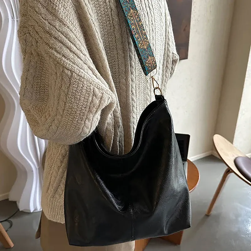 Sac à bandoulière géométrique à large sangle, grande capacité, en simili-cuir rétro pour femme 2