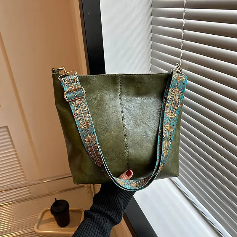 Sac à bandoulière géométrique à large sangle, grande capacité, en simili-cuir rétro pour femme 4