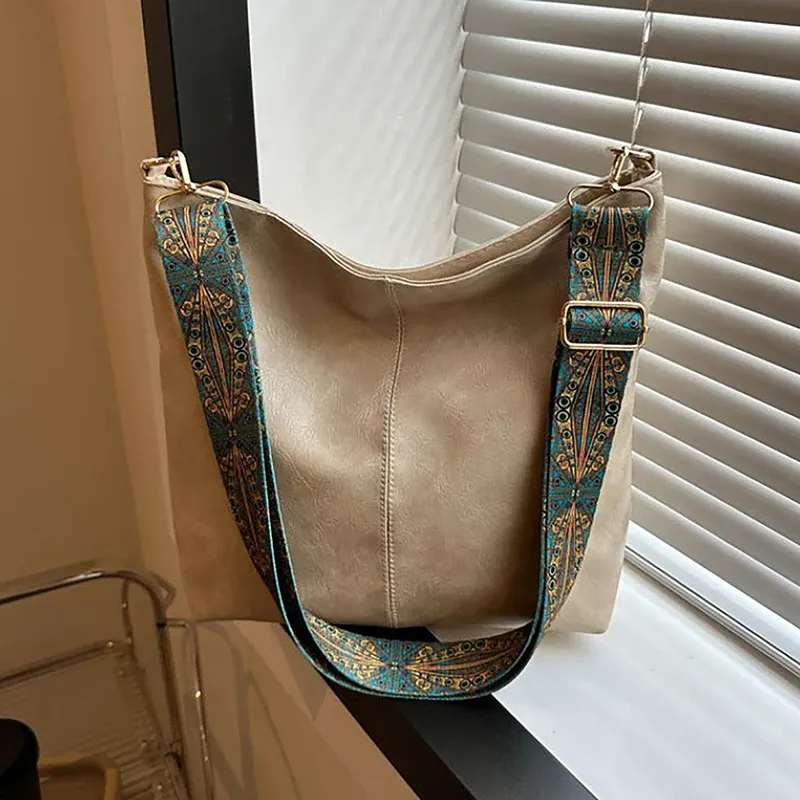 Sac à bandoulière géométrique à large sangle, grande capacité, en simili-cuir rétro pour femme 9