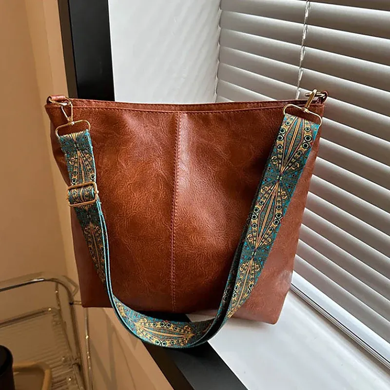 Sac à bandoulière géométrique à large sangle, grande capacité, en simili-cuir rétro pour femme 7