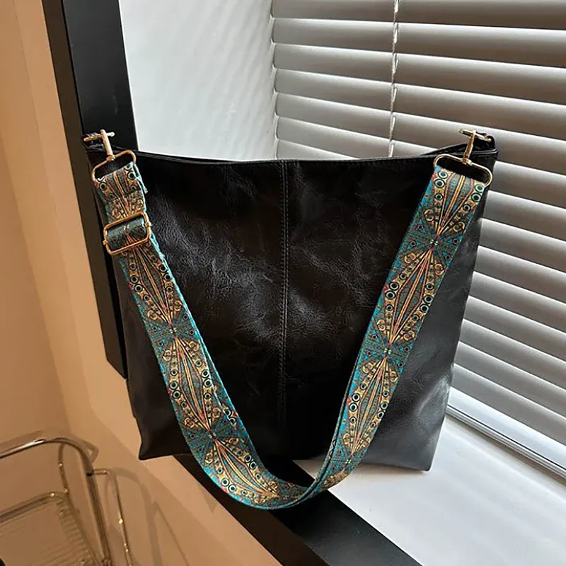 Sac à bandoulière géométrique à large sangle, grande capacité, en simili-cuir rétro pour femme 10