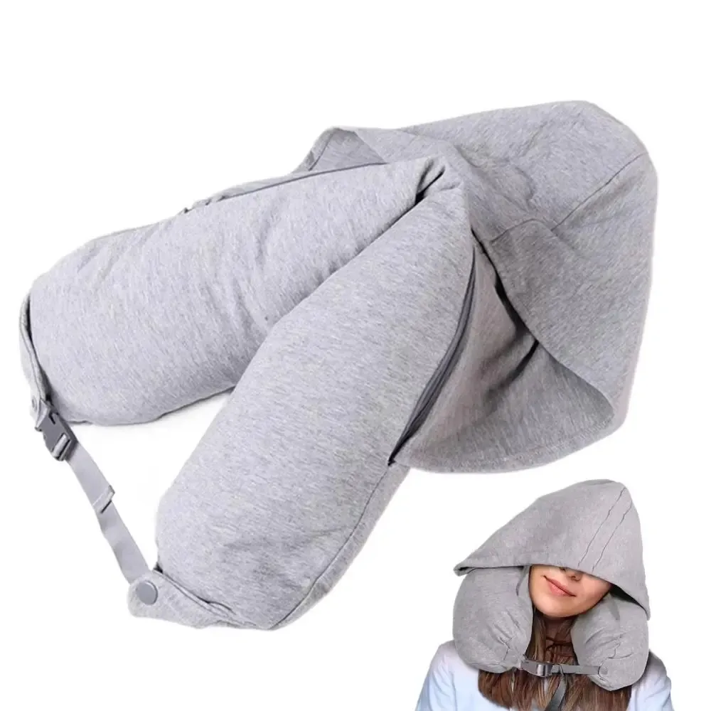 Oreiller de voyage gonflable à capuche avec support cervical réglable et pochette de rangement 1