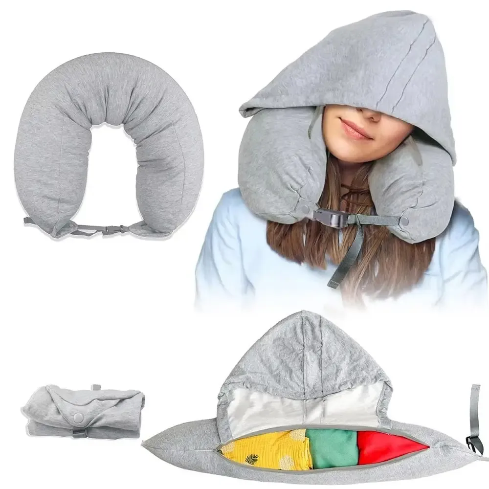Oreiller de voyage gonflable à capuche avec support cervical réglable et pochette de rangement 2
